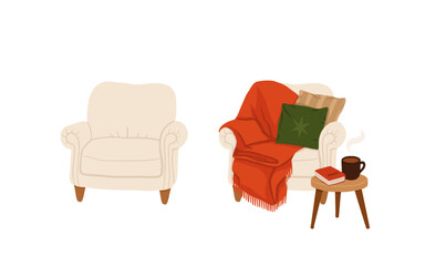 Christmas cozy reading armchair with blankets and pillows. Warm festive winter interior scene with table, cup of coffee and a book, comfy hygge holiday home decor illustration.