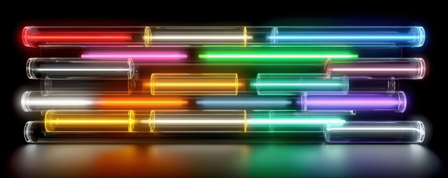 Vibrant neon light tubes in various colors create a bright, futuristic glow and abstract visual art