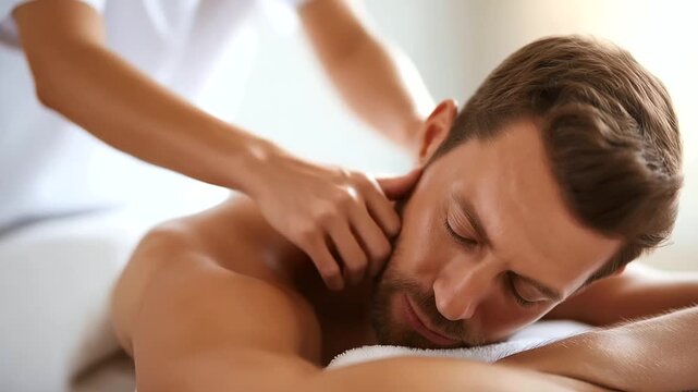 Masseur performing back massage on client defocused therapy, faceless physiotherapist treatment, deep tissue visualization detail, blurred wellness background, relaxation concept,