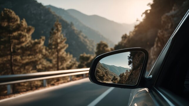 side rear view mirror of modern automobile on mountain road with copy space for text