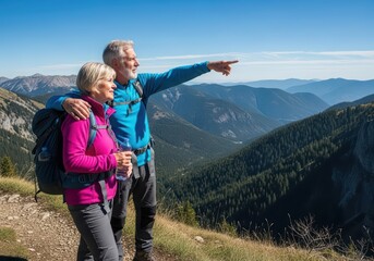 Elderly couple hiking together in alpine mountains. Senior adventurers standing close, pointing at scenic valley vista with backpacks and water bottle.
