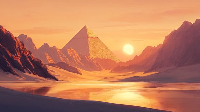 Dramatic alpine landscape at sunset with golden light reflecting on snow-covered mountains, calm lake, and distinctive pyramid-shaped peaks