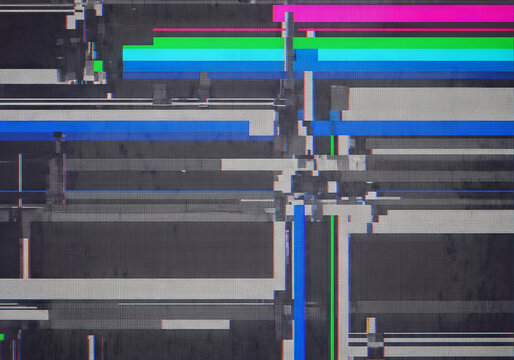 Abstract digital glitch art with neon color bars and grid pattern