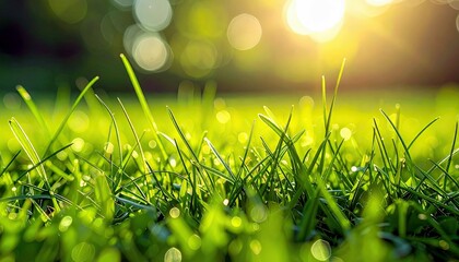 A close-up shot of vibrant green grass blades illuminated by the golden sunlight, creating a soft, blurred bokeh effect in the background.