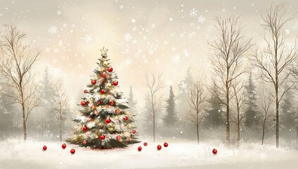 A beautifully decorated Christmas tree glowing warmly in a snowy winter forest surrounded by falling snowflakes and red ornaments on the ground.
