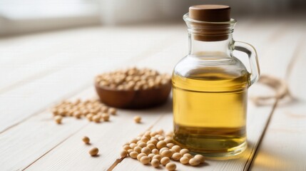 Soybean Oil in Glass Bottle with Soybeans on White Background Isolated. Generative AI