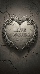 Love Conquers All engraved on a weathered stone heart carving.