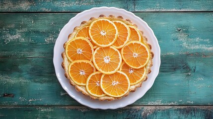 A beautiful orange tart with sliced oranges on top, placed in the center of an empty white plate against a blue-green wooden table background