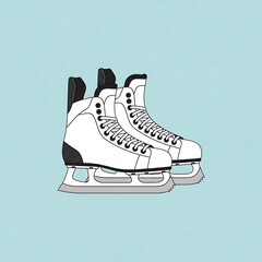 Pair of White Ice Skates on Light Blue Background.