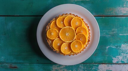 Top-down view of a beautifully arranged orange tart with candied orange slices on a rustic teal background