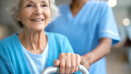 Nurse assisting senior with crutches defocused rehabilitation, faceless elderly care, mobility visualization detail, blurred support background, recovery concept, assistance interf