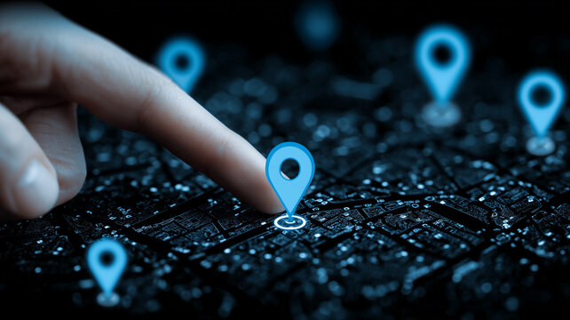 Human finger selecting a location pin on a digital city map to represent navigation technology, gps guidance and precise location based services for urban mobility and delivery.
 - Powered by Adobe
