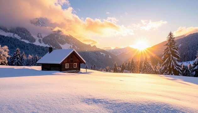 A rustic wooden cabin sits in a pristine snow-covered field, bathed in the warm glow of a sunrise over a majestic mountain range.