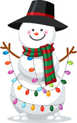 Happy snowman holding colorful christmas lights cartoon vector illustration