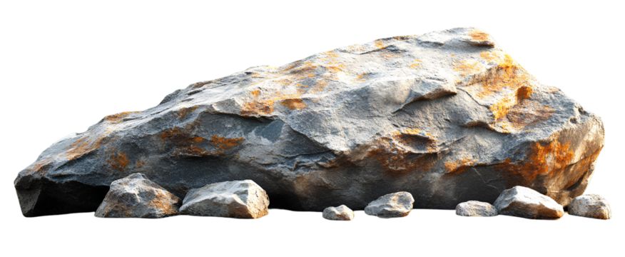 Large rugged rock formation with several smaller stones scattered on transparent background for landscape designs