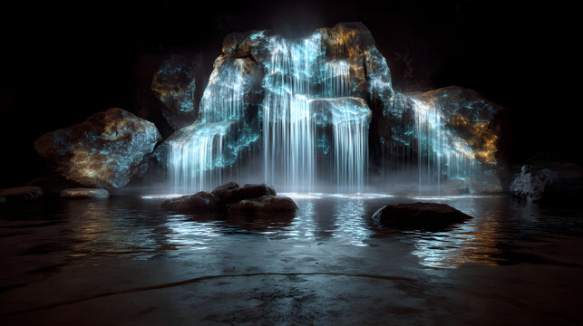 Luminous waterfall digital projection glowing rocks dark cave reflective pool fantasy scene ethereal light mist night serene mood flow over