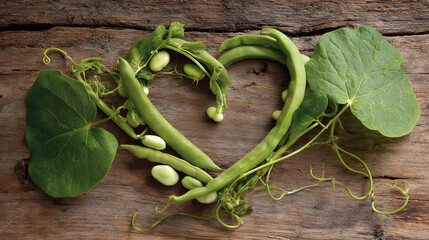 Green bean pods and round leaves arranged in heart shape on rustic wood, fresh organic vegetable still life with tender tendrils and soft light