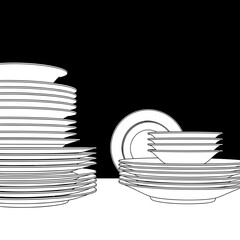 Stacked white plates and bowls on minimal black background  
