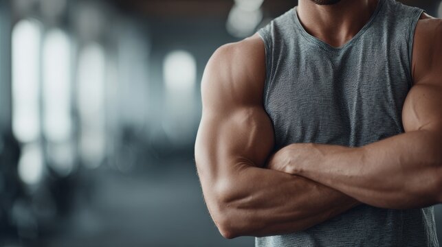 close up of muscular man posing in modern gym, background with copy space