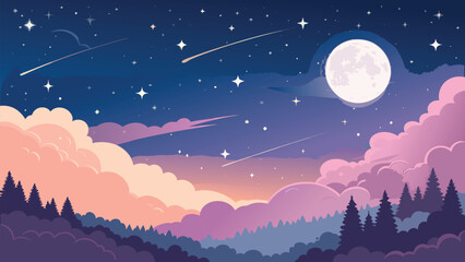 Enchanting night landscape with full moon, shooting stars, and pastel clouds for dreamy designs, magical backgrounds, and imaginative story visuals