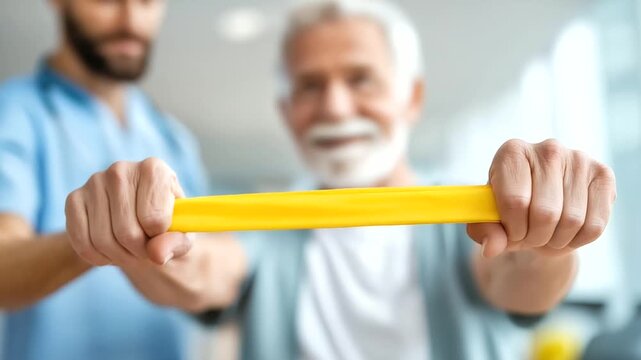 Physiotherapy with band and old man defocused doctor training, faceless rehabilitation session, medical visualization detail, blurred healing background, healthcare concept, physic