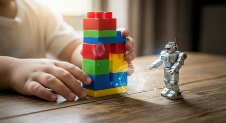 Child s hands building a colorful tower with toy blocks next to a robot