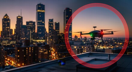 Modern drone flying over a city skyline at sunset with illuminated buildings