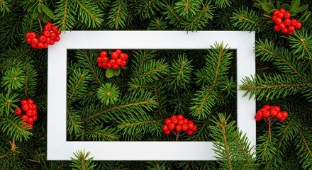 Square white frame on a background of green pine branches with red berries