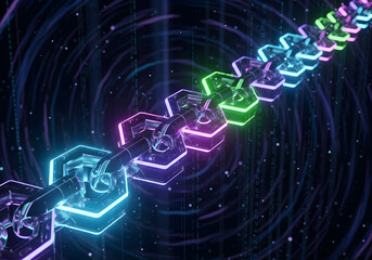 Abstract neon hexagonal chain with cosmic background
