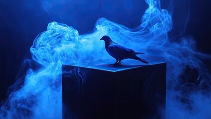 Naklejka premium A black cube with blue smoke swirling around it, with a bird perched on top of the box
