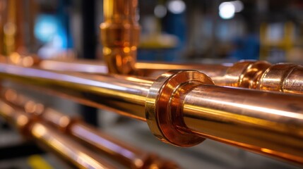 Obraz premium Stunning photo of closeup of shiny copper pipes and plumbing in an industrial setting.