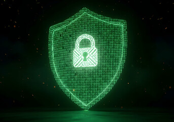 Digital shield with glowing padlock symbol made of green binary code