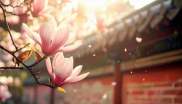 Close-up of soft pink magnolia flowers blooming on a branch, with a traditional architectural structure and bright sunlight in the background.