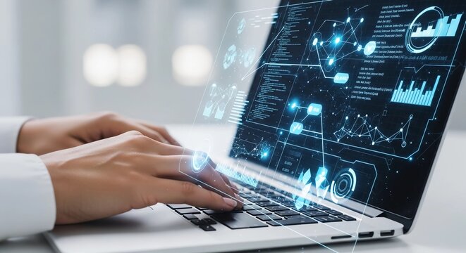 Close-up of a data analyst's hands typing on a laptop, interacting with a futuristic dashboard for big data processing and business intelligence