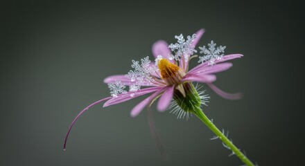 Close up of a delicate pink flower adorned with glistening snowflakes against a soft background