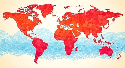 Abstract Watercolor World Map with Red Landmasses and Blue Oceans.