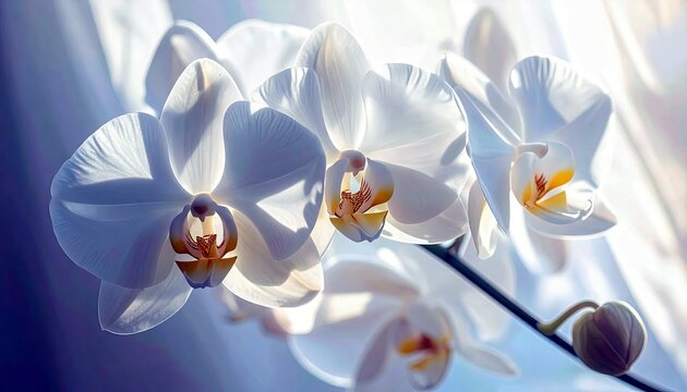 Close-up of blooming white orchids with intricate details and soft, diffused lighting, highlighting their delicate petals and center.