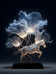 Luminous sculpture glowing horse ethereal petals abstract art 3D printed translucent filament light installation surreal design Embers of wonder