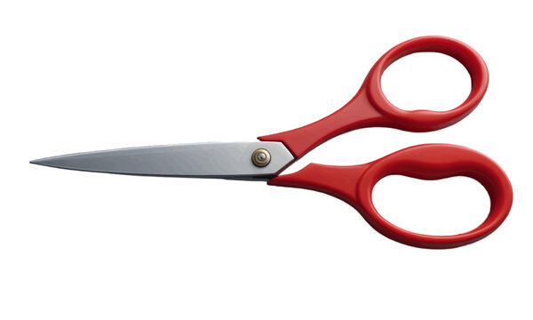 A pair of red scissors with silver blades is isolated on a black background. The image highlights the tool's design and functionality for cutting various materials.