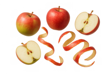 Red apples in various forms including whole fruit, cut halves revealing seeds, and long curling peel spirals, on transparent background