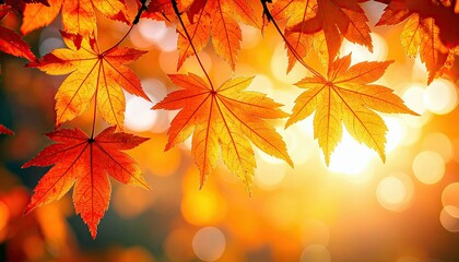 Autumn maple leaves in warm sunlight, showcasing vibrant colors and a soft, blurred background.