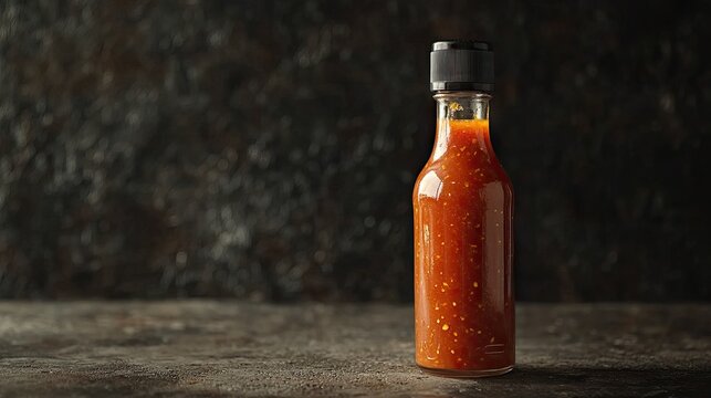 A single, sleek glass bottle filled with a vibrant orange-red hot sauce is centrally placed against a dark, moody background - Powered by Adobe