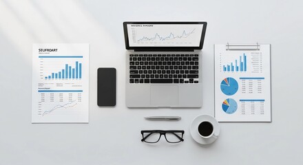 Conceptual view of a modern office desk focused on financial analysis, market research, and business growth strategy with charts and graphs