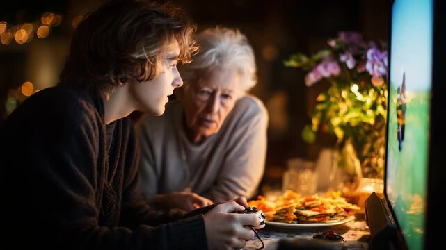A young gamer and his older friend are playing a video game together, surrounded by delicious snacks and a cozy atmosphere, demonstrating the joy of sharing fun together