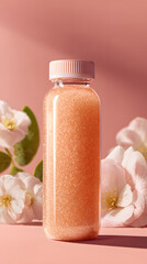 Shimmer serum bottle glass container pink liquid floral background soft light spa beauty skincare product elegant minimal