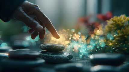 Hand placing stone on stacked smooth stones with glowing bokeh lights and succulent nearby creating calm atmosphere