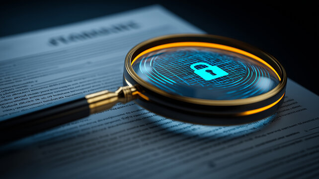 Magnifying glass highlighting a digital padlock over a contract, symbolizing privacy review, legal compliance and secure handling of sensitive documents.
