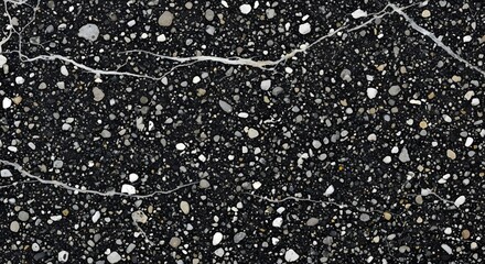 Cracked Pavement Texture: A close-up view reveals a highly detailed, textured pavement, featuring a network of cracks that dissect its speckled, dark surface.