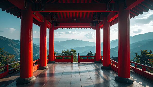 A vibrant red traditional pavilion with ornate architecture offers a breathtaking view of layered mountains and a hazy sky. - Powered by Adobe