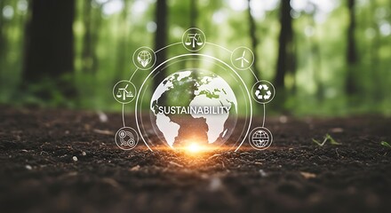 Digital earth with sustainability icons and glowing light on forest floor, representing environmental protection and ecofriendly concepts